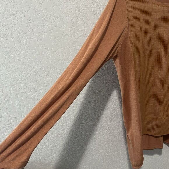 NEIMAN MARCUS Perforated Leather Front and Silk Cognac Long Sleeve Shirt, Size M - Picture 2 of 8